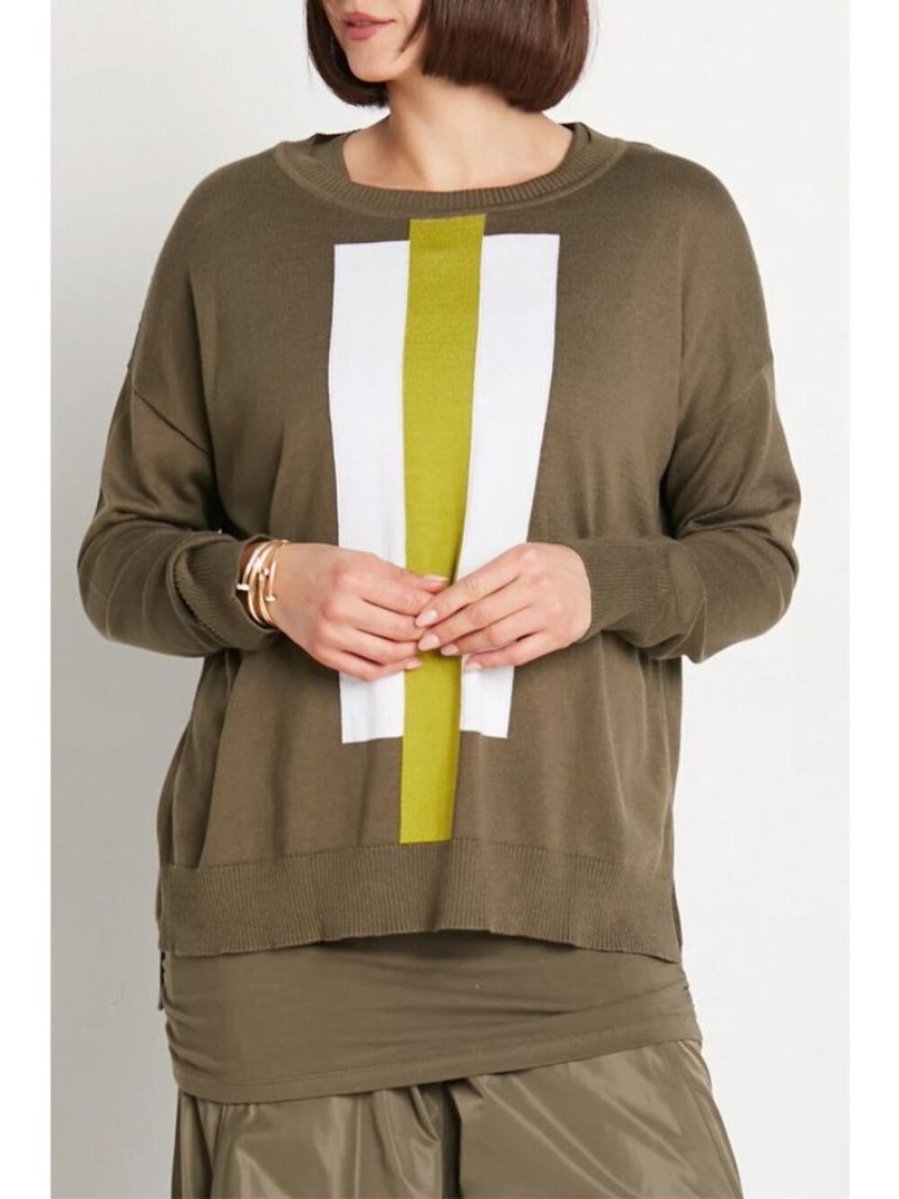 Planet women's OSFA olive green color block pima cotton highway crewneck sweater